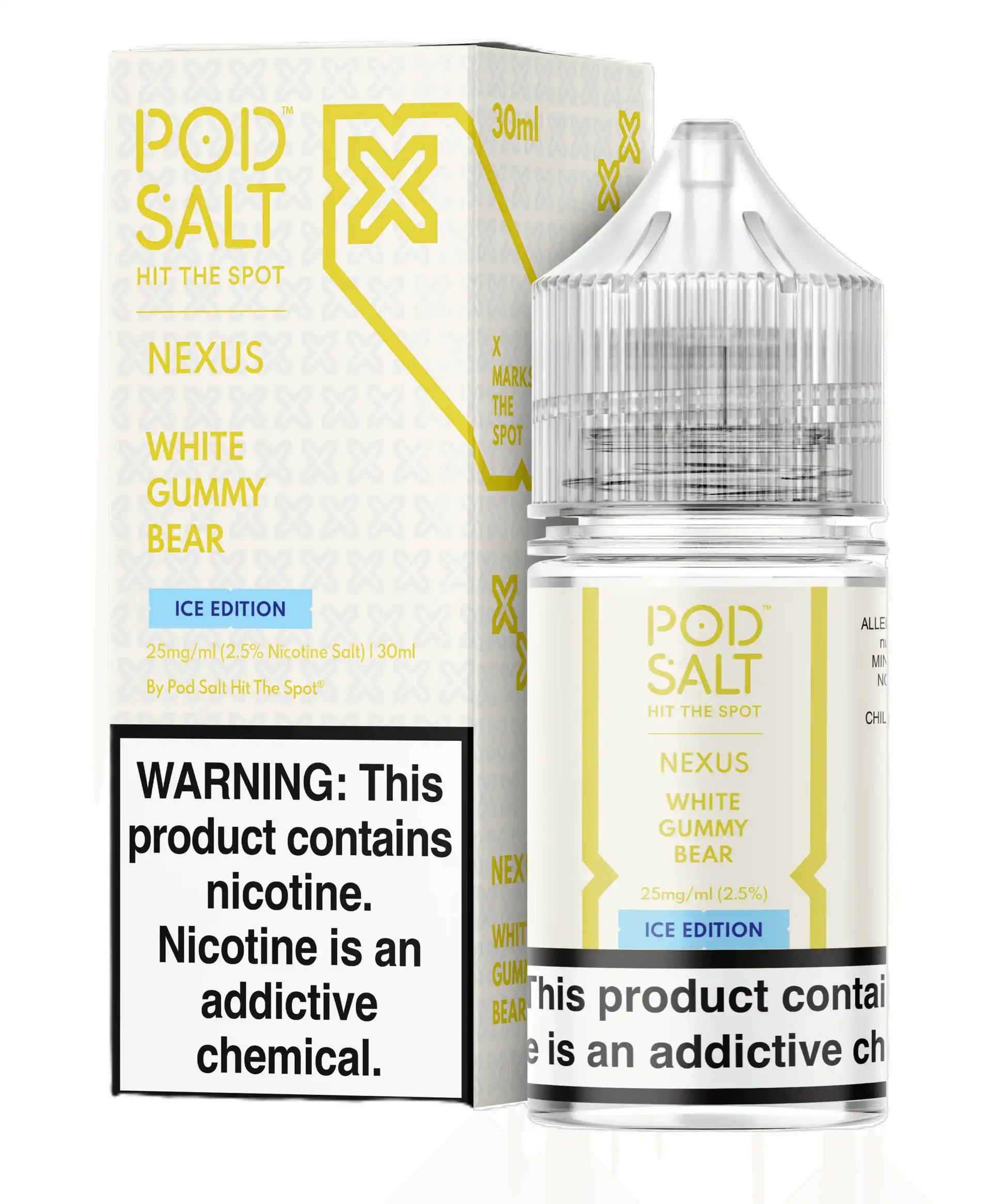 Pod Salt Nexus White Gummy Bear ice edition vape juice packaging with warning label.