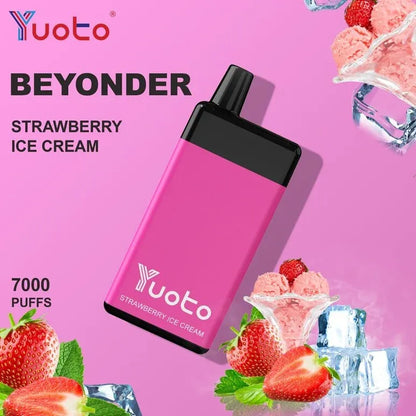 Yuoto BEYONDER strawberry ice cream vape device on a pink background with strawberries and ice cream.