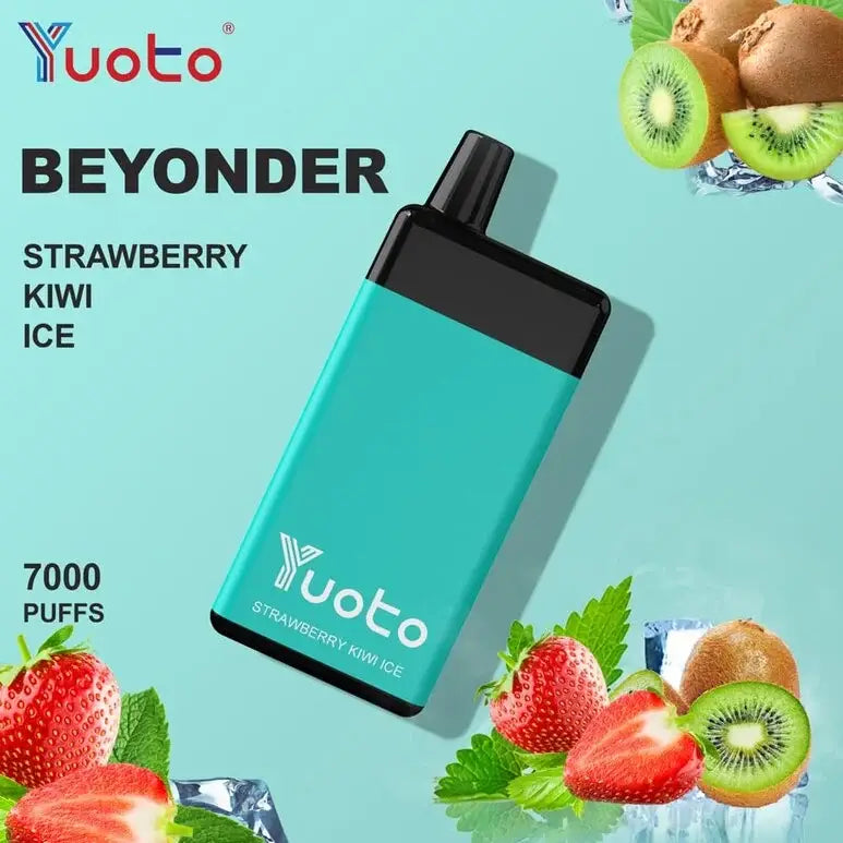 Yuoto BEYONDER vape device with strawberry, kiwi, and ice elements on a light blue background