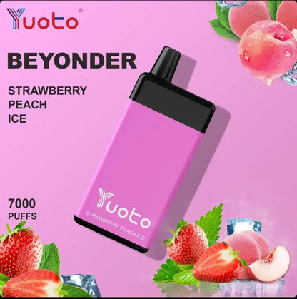 Yuoto Beyonder vape device with strawberry, peach, and ice flavor text on a pink background with fruit graphics.