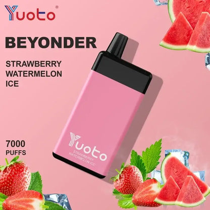 A pink Yuoto beyonder disposable vape device with a black mouthpiece, shown on a pink background with strawberry, watermelon, mint, and ice graphics.