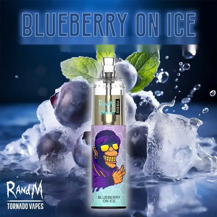 RandM Tornado Vapes Blueberry on Ice e-liquid is centered against a dynamic background of ice, blueberries, mint leaves, and water splashes.