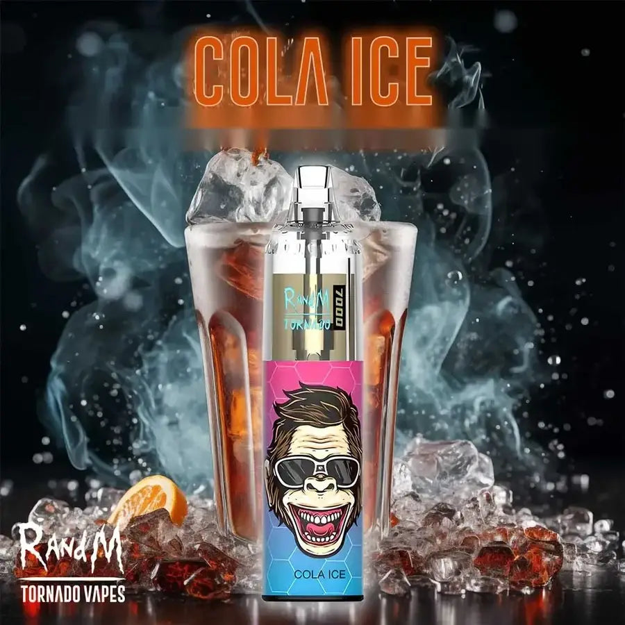 A RandM Tornado Vapes 'Cola Ice' 7000 puffs disposable vape device stands in front of two tall glasses filled with cola and ice, surrounded by scattered ice cubes and an orange slice on a dark smoky background.