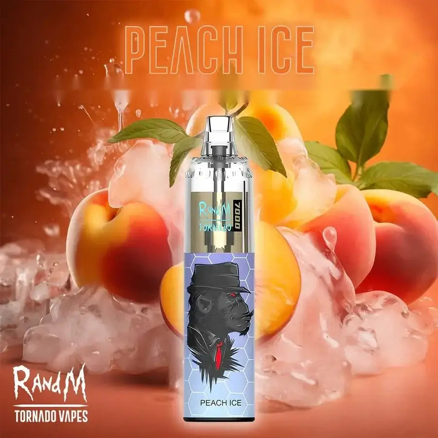 A single vape device labeled 'Peach Ice' by Rand M Tornado Vapes is centered against a stylized peach-and-ice background with peaches, leaves, and splash effects. The device has a clear body, silver top and base, and a blue-purple label with a black illustrated face and red accent.