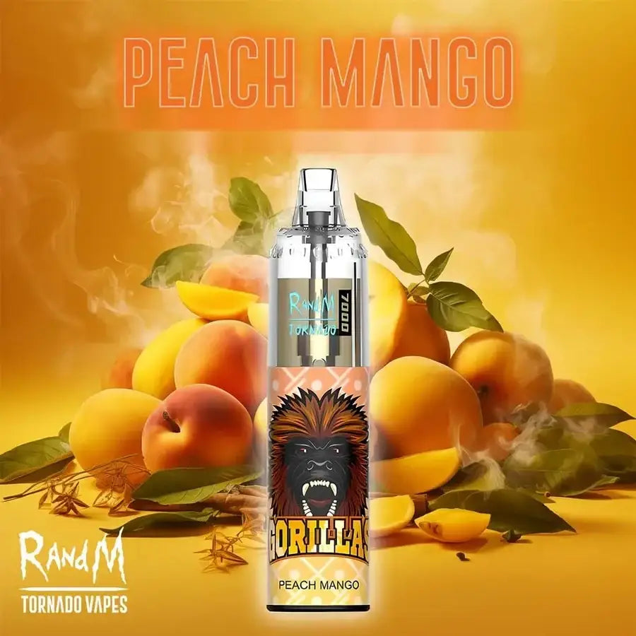 A clear disposable vape device labeled 'Peach Mango' by RandM Tornado Vapes 7000, featuring a gorilla graphic, set against a vibrant peach and yellow background with floating peaches and leaves.