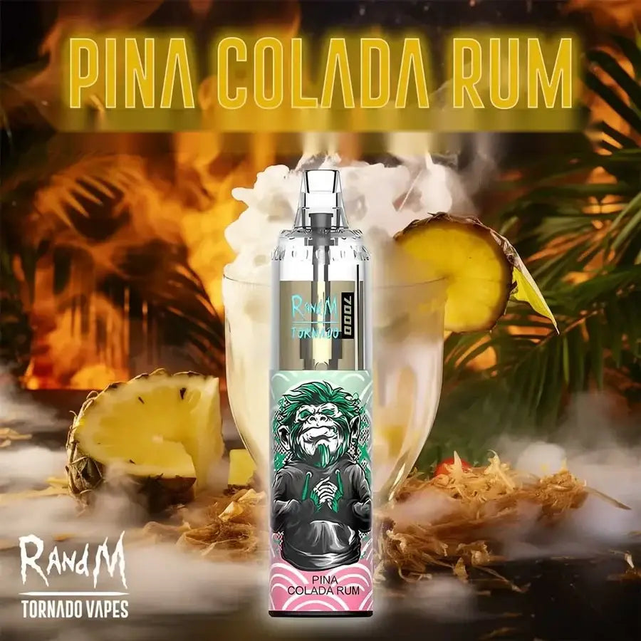 A Vape device of Pina Colada Rum by Tornado Vapes 7000 puffs is centered in a cocktail glass with smoke, pineapple slices, and a tropical flame background.