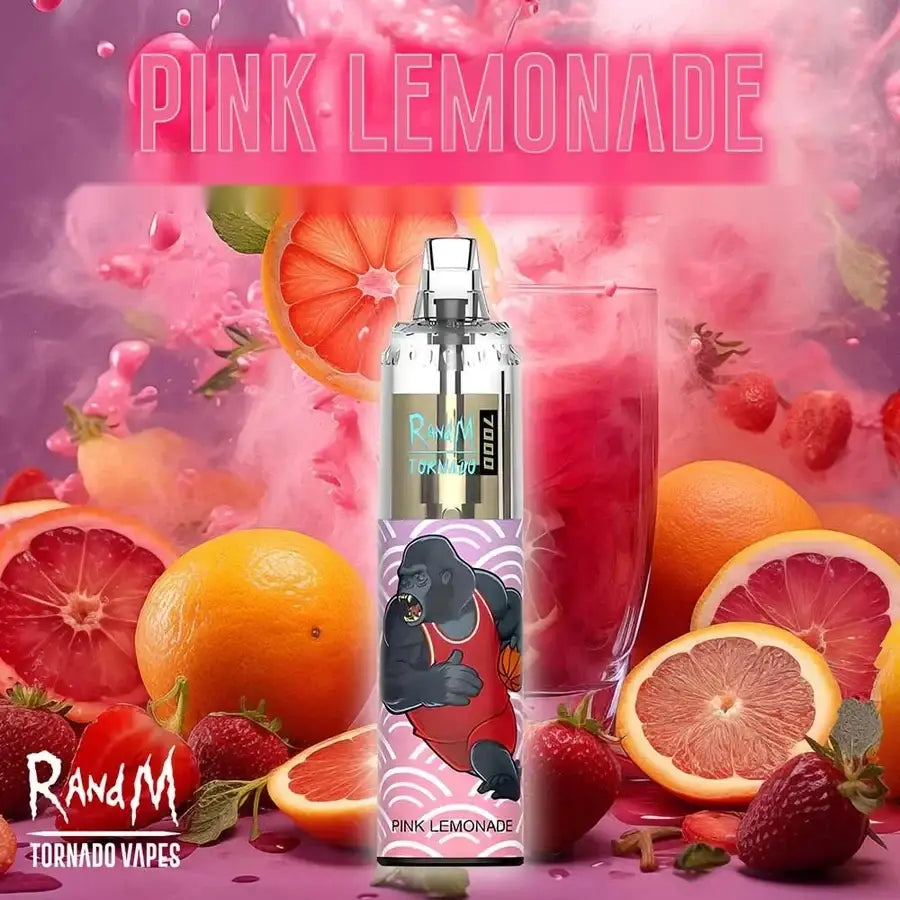 RandM Tornado Vapes disposable vape 7000 puffs device labeled 'Pink Lemonade' stands in front of a glass of pink drink, surrounded by sliced citrus, strawberries.