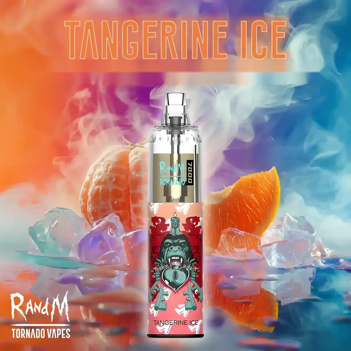 A RandM 7000 puffs Tornado Vapes 'Tangerine Ice' disposable vape device is centered against a vibrant, colorful background featuring orange slices, ice cubes, and a smoky gradient of orange, pink, and blue.