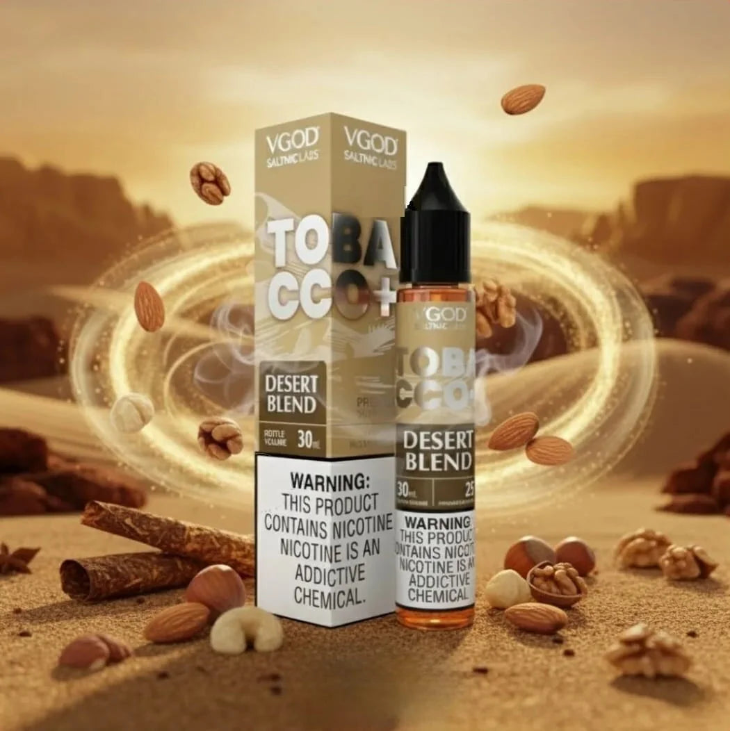 VGOD Tobacco Desert Blend e-liquid bottle and packaging with desert background