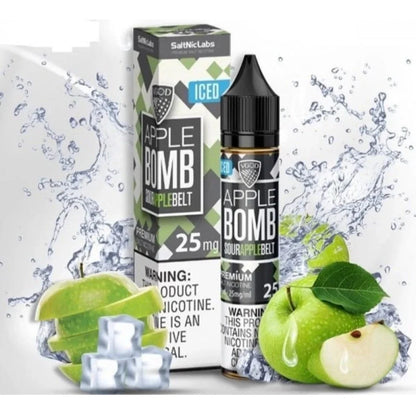 Vgod Apple Bomb vape juice packaging with green apples and ice cubes on a white background
