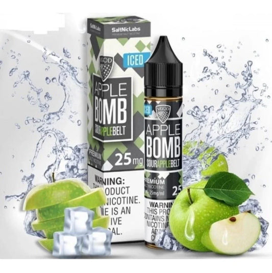 Vgod Apple Bomb vape juice packaging with green apples and ice cubes on a white background