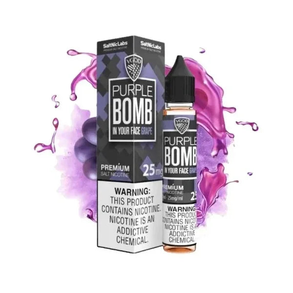 Vgod Purple Bomb vape juice packaging with nicotine warning label on a white background