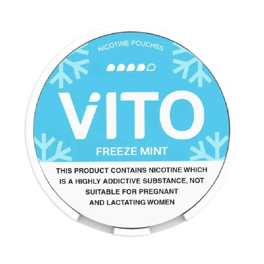VITO Freeze Mint 14mg nicotine pouch container with blue label and warning text.