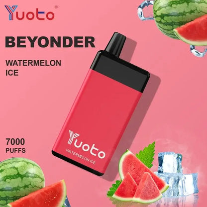 Yuoto Beyonder Watermelon Ice disposable vape device in a vibrant pink and black color scheme, displayed on a pink background with watermelon slices, ice cubes, and green leaves.