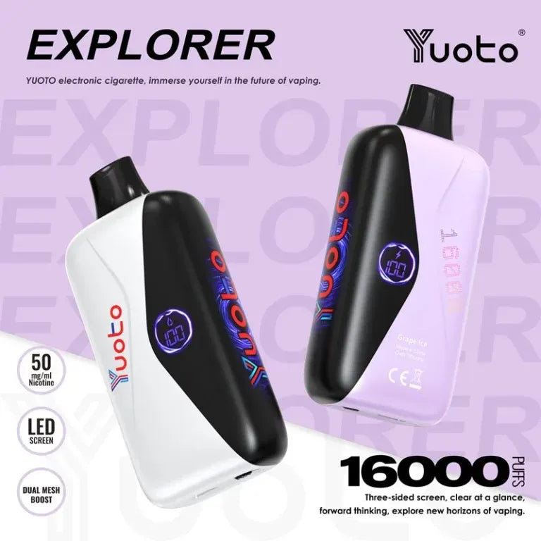 Yuoto Explorer 16000 puffs electronic cigarette with branding and product features on a light purple background