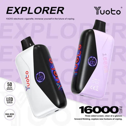 Yuoto Explorer 16000 puffs electronic cigarette with branding and product features on a light purple background