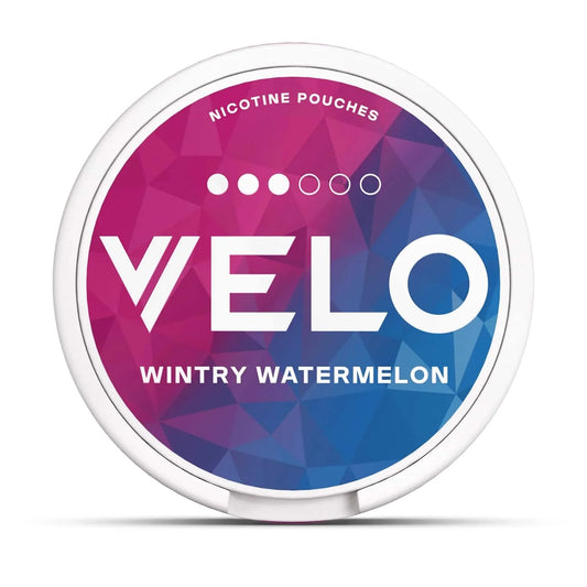 Velo nicotine pouch container with colorful design on a white background