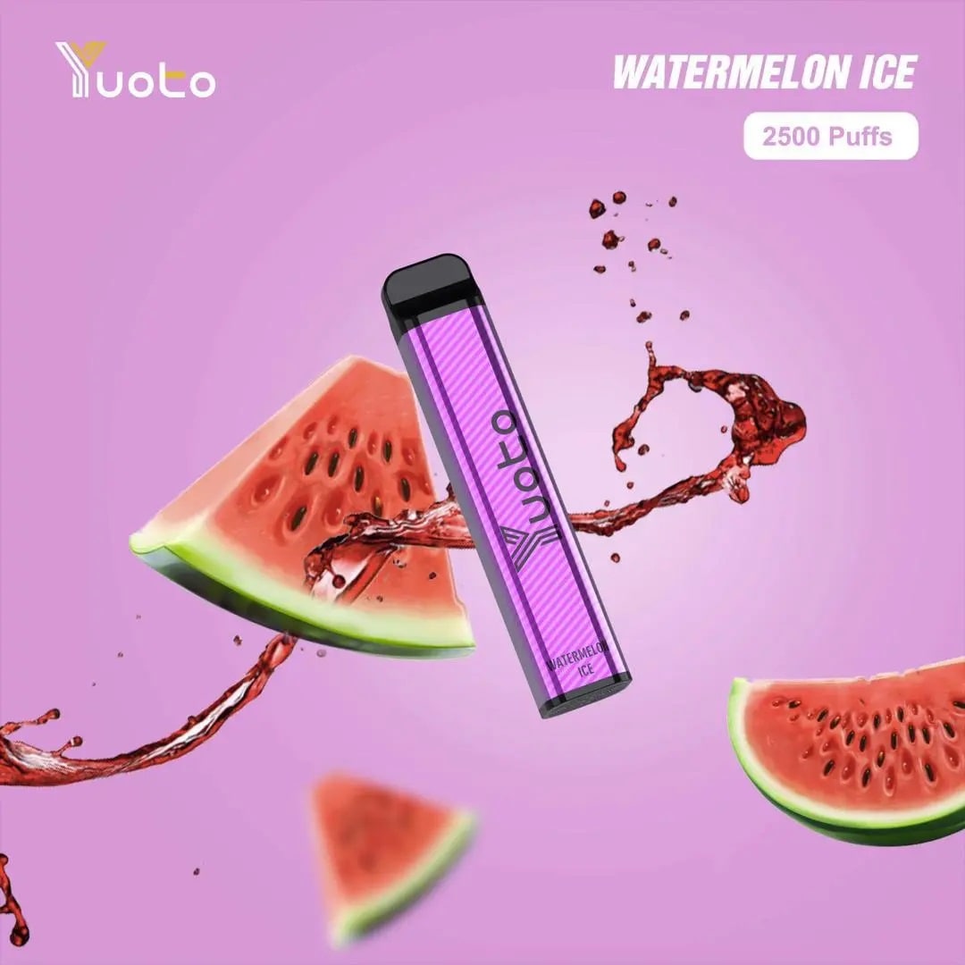 Yuoto vape device with watermelon slices and juice splashes on a purple background