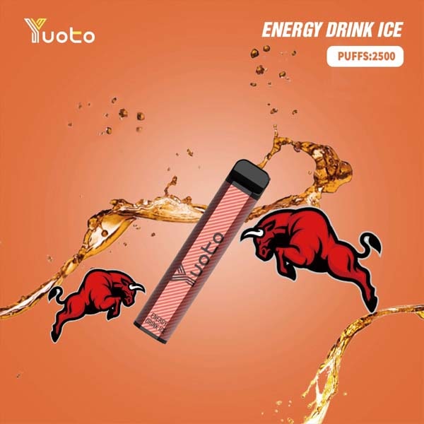 Yuoto energy drink ice vape with splashing liquid and red bull logo on an orange background