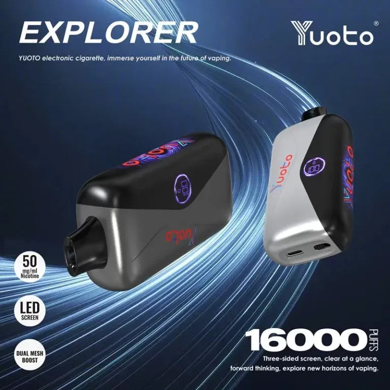 Yuoto Explorer electronic cigarette shown in two angles on a dark blue graphic background with glowing light streaks. The device is black and gray with purple LED screen details and red brand text.