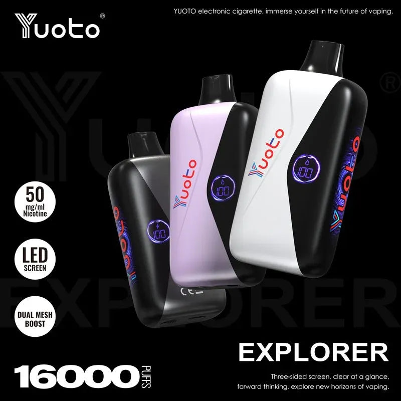Three Yuoto Explorer disposable vape devices shown on a black background with promotional text and icons. The vapes are shown in black, lavender, and white color variants, featuring a diagonal split design with the Yuoto logo and a circular power icon.
