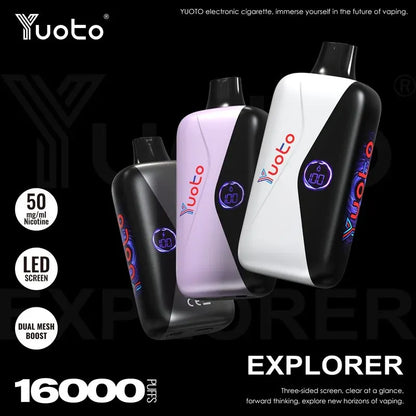 Three Yuoto Explorer disposable vape devices shown on a black background with promotional text and icons. The vapes are shown in black, lavender, and white color variants, featuring a diagonal split design with the Yuoto logo and a circular power icon.