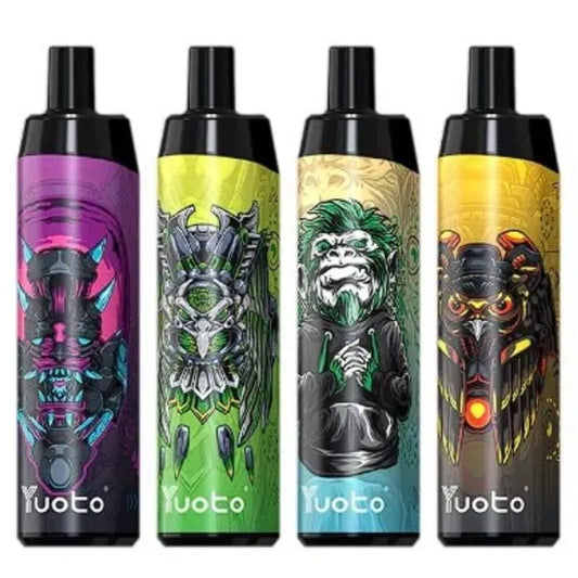 Four Yuoto vape devices with colorful and artistic designs on a white background