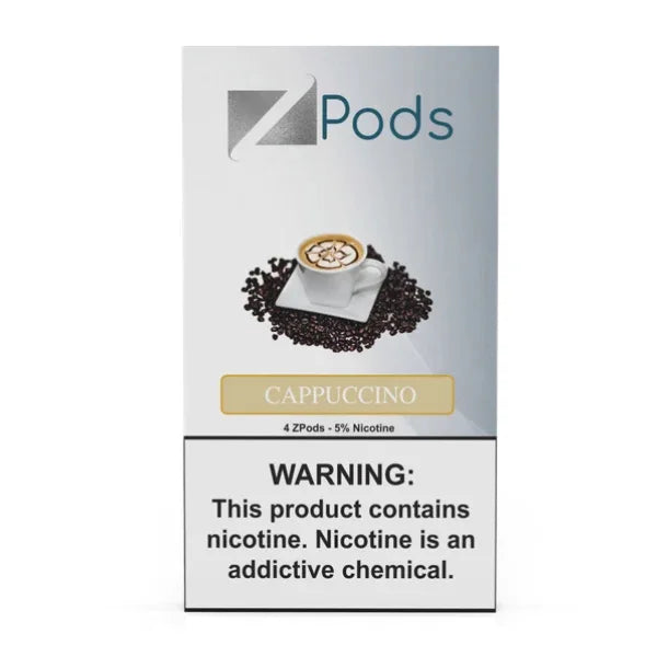 Ziip Pods Cappuccino packaging with coffee cup and beans on a white background