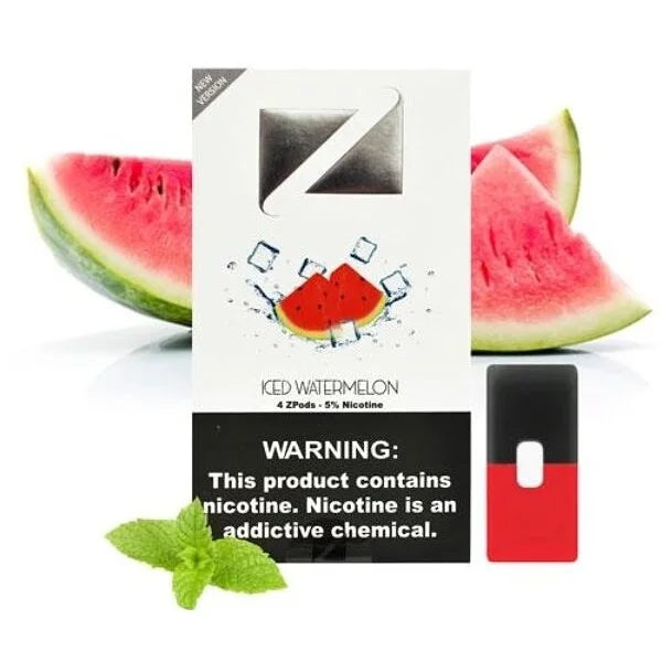 Ziip Iced Watermelon vape pod packaging with watermelon slices and mint leaves on a white background.
