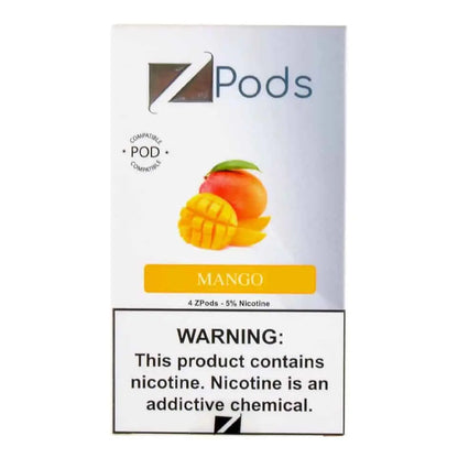 Ziip Pods Mango vape pod packaging with nicotine warning on a white background