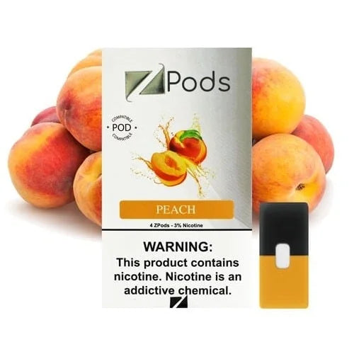 Ziip Pods peach flavored nicotine pod packaging with peaches in the background