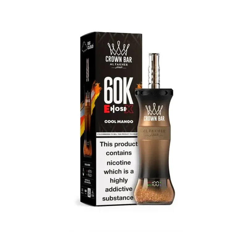 Alfakher Crown Bar 60K cool mango E Hose vape device and packaging on a white background