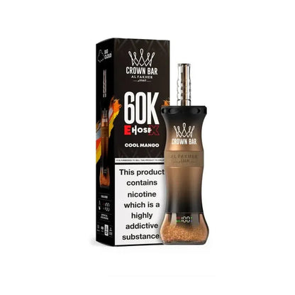 Alfakher Crown Bar 60K cool mango E Hose vape device and packaging on a white background
