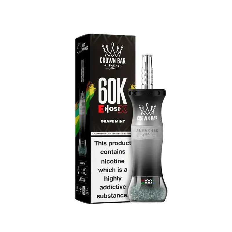 Alfakher Crown Bar grape mint vape device and packaging on a white background