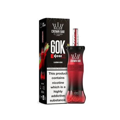 Red and black lush ice vape device with 'Alfakher Crown Bar' branding next to its packaging on a white background