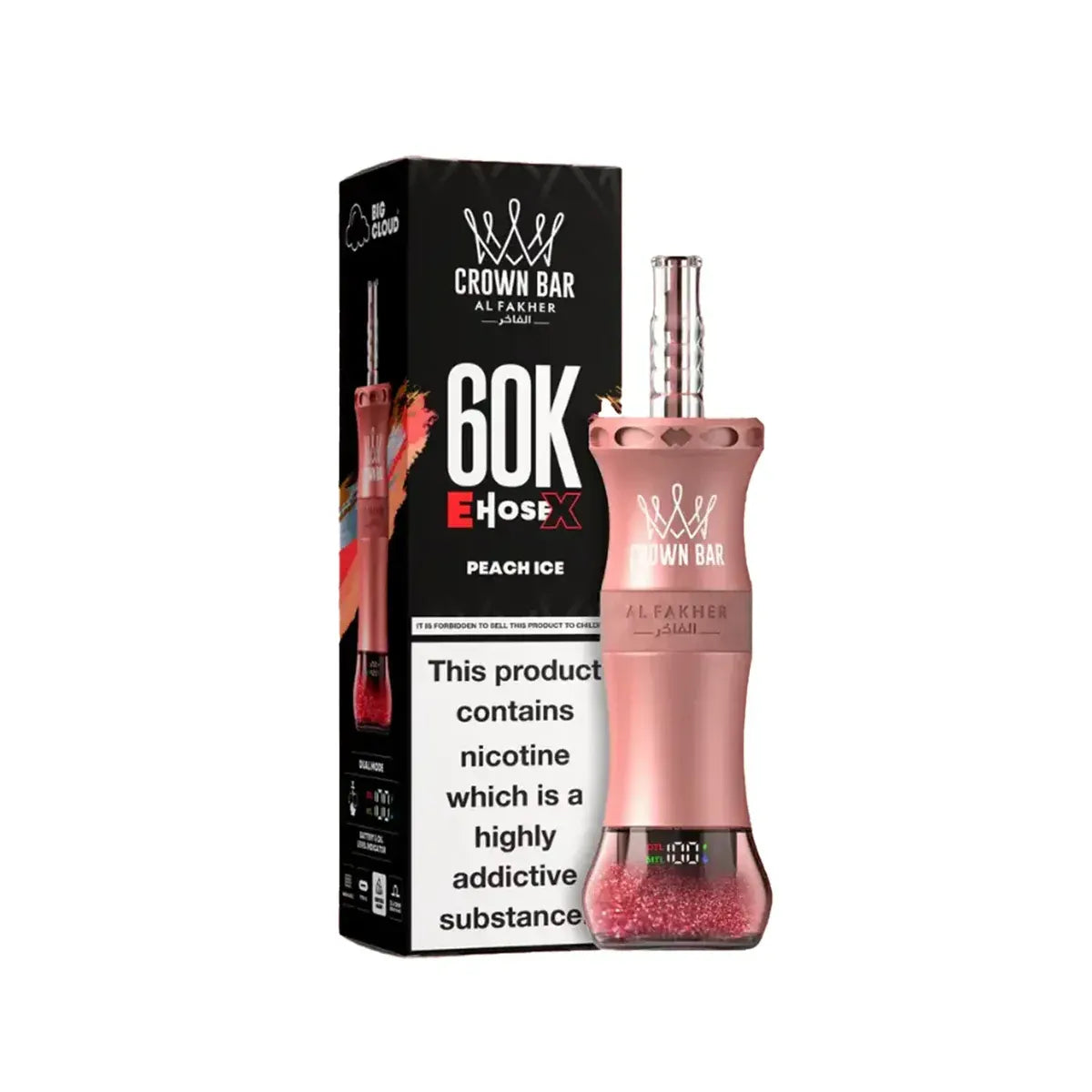 Alfakher Crown Bar peach ice vape device and packaging on a white background