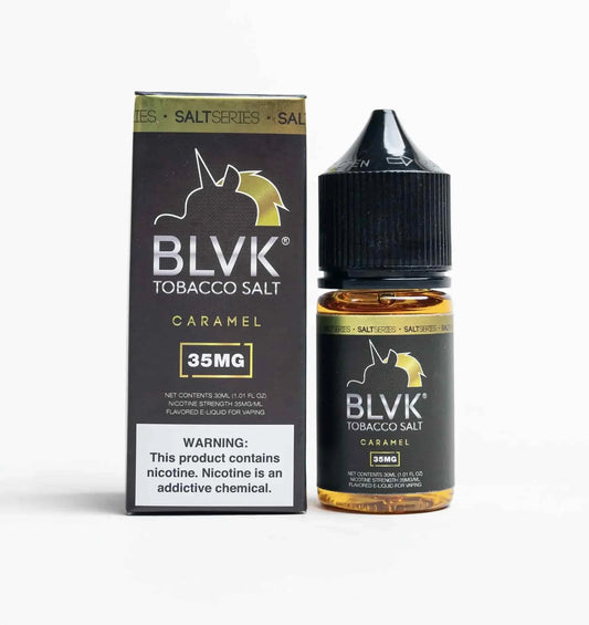 BLVK Tobacco Salt Caramel nicotine salt bottle and packaging on a white background