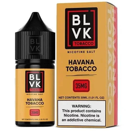 BLVK Havana Tobacco nicotine salt e-liquid bottle and packaging on a white background