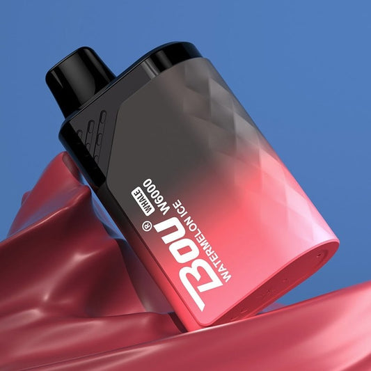 Red and black - bou whale vape device with branding on a blue background