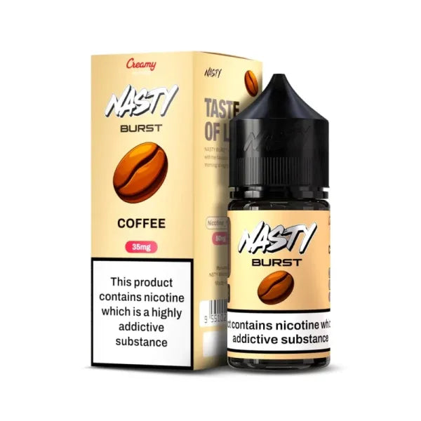 Nasty Burst Coffee vape salt packaging with nicotine warning label on a white background