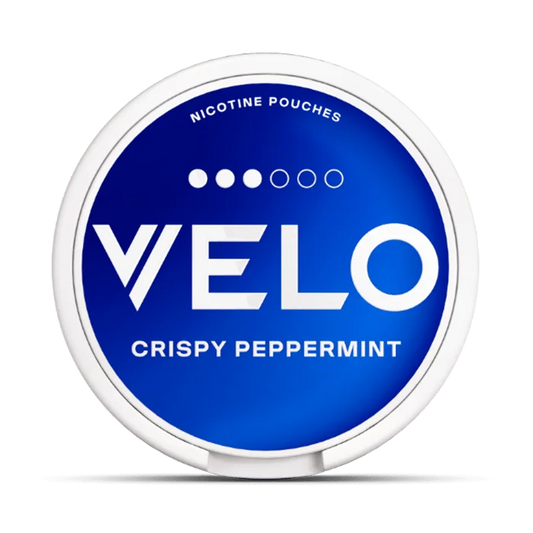 Velo Crispy Peppermint nicotine pouches packaging on a white background