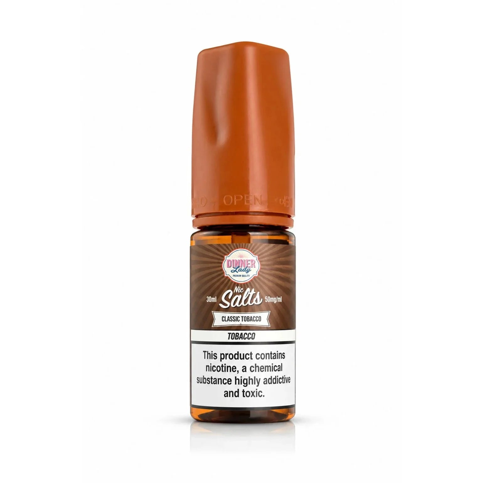 Dinner lady classic tobacco vape juice bottle with label on a white background