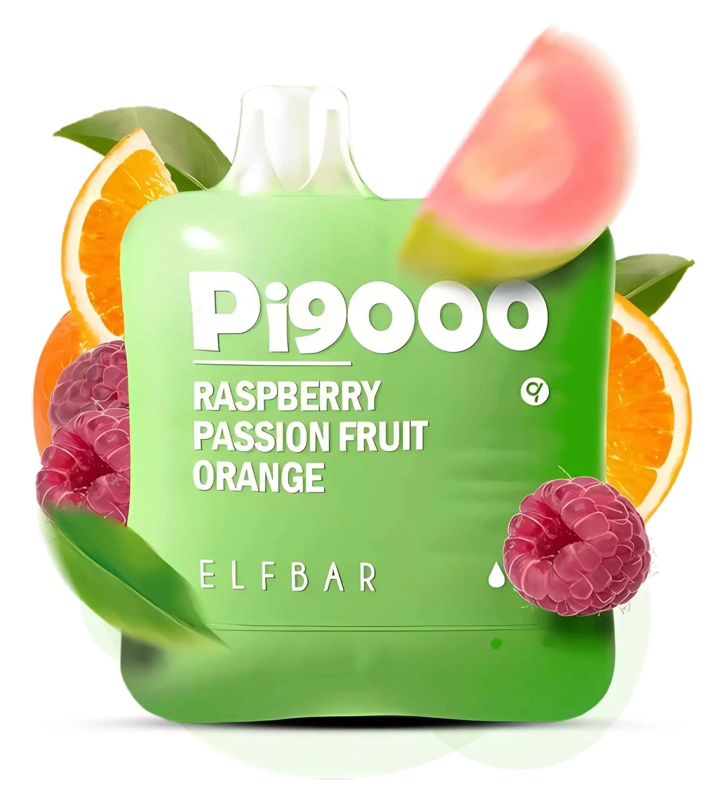 Green disposable vape device with fruit illustrations and 'Pi9000' branding on a white background