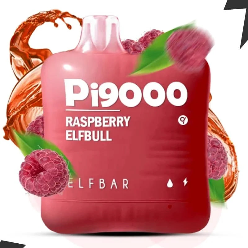 elf bar disposable vape with 'Pi9000' branding and raspberry graphics on a white background