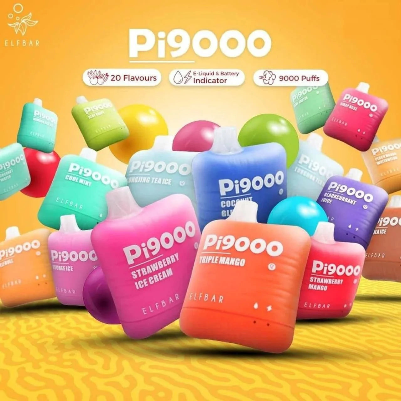 Pi9000 vape devices in various colors on a yellow background with ELF BAR branding.