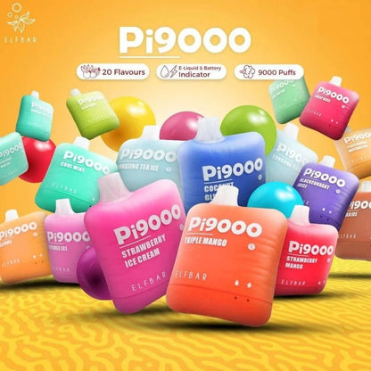 Pi9000 vape devices in various colors on a yellow background with ELF BAR branding.