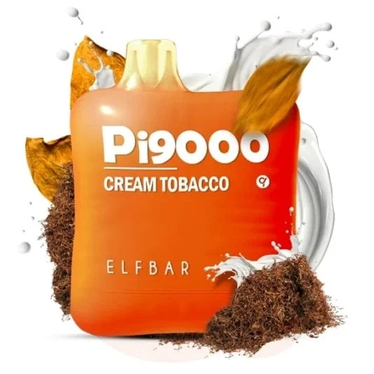 Orange vape device packaging with 'Pi9000 Cream Tobacco' and 'ELF BAR' branding on a white background.