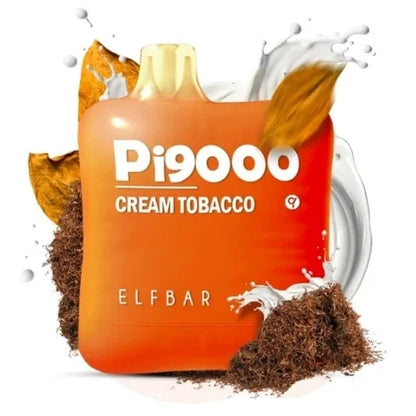 Orange vape device packaging with 'Pi9000 Cream Tobacco' and 'ELF BAR' branding on a white background.