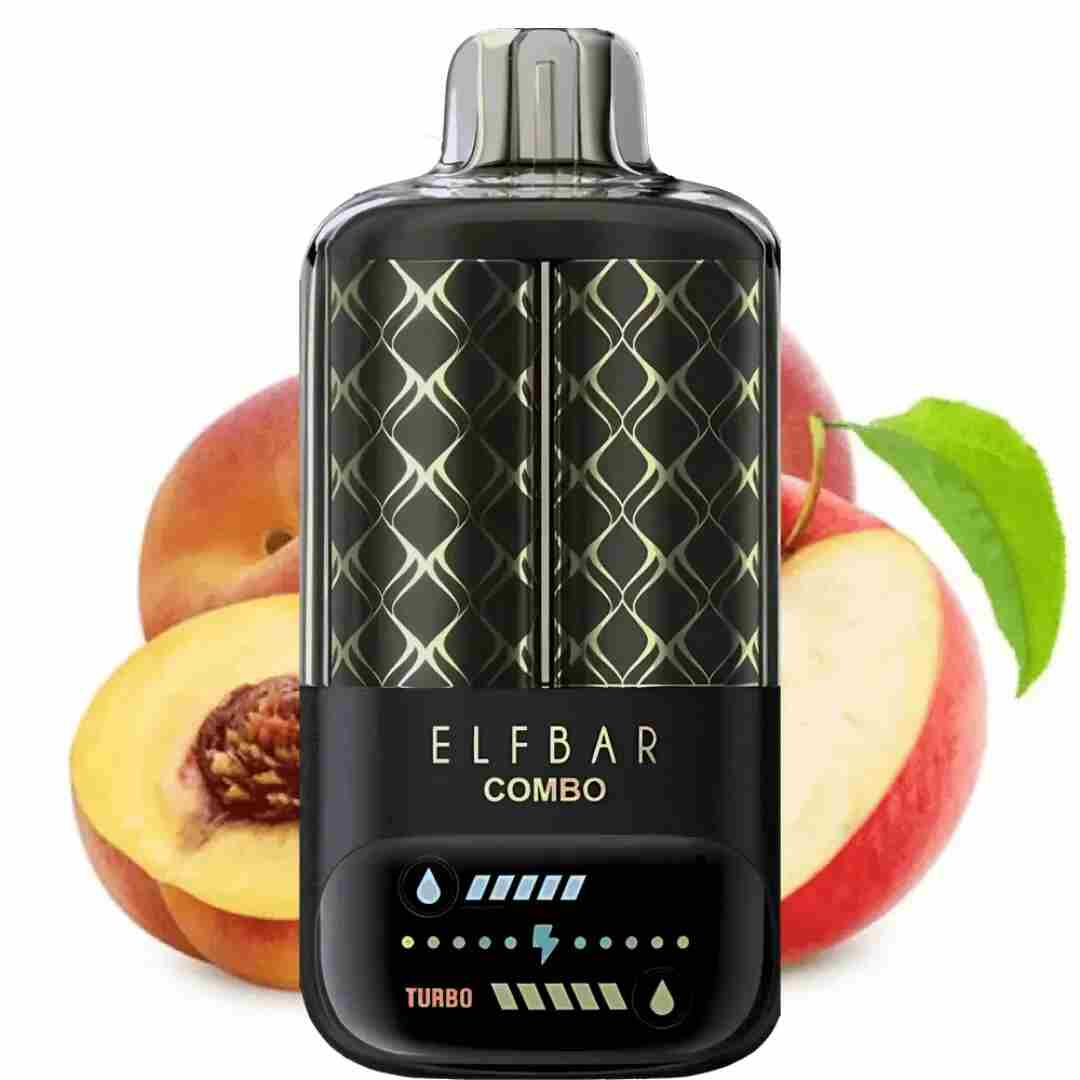 Elfbar Combo vape device with peaches and apple in the background