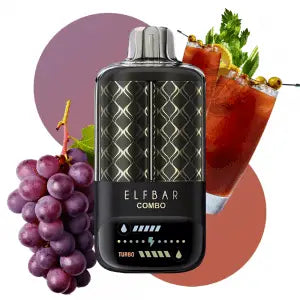 Elfbar Combo vape device with grapes and a Bloody Mary in the background
